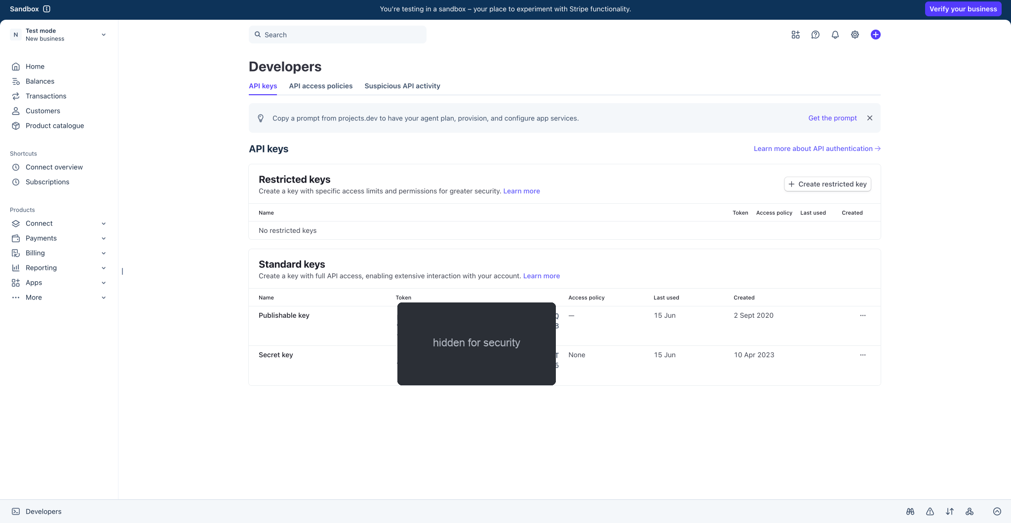 The Stripe API keys page, with the Create restricted key button.