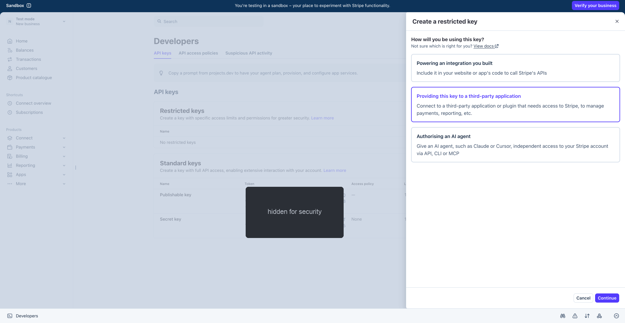 Choosing "Providing this key to a third-party application" in Stripe.