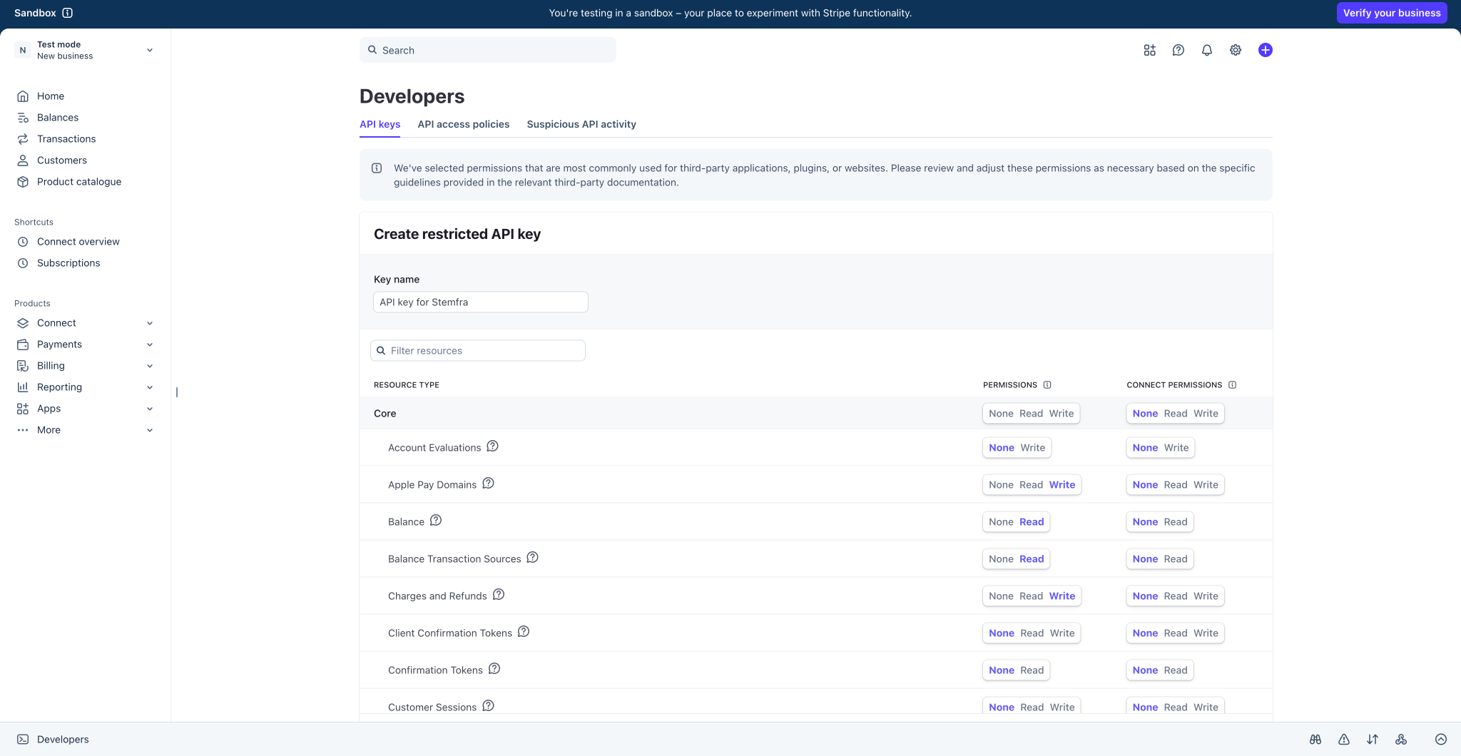 The Stripe permissions screen showing the two columns.
